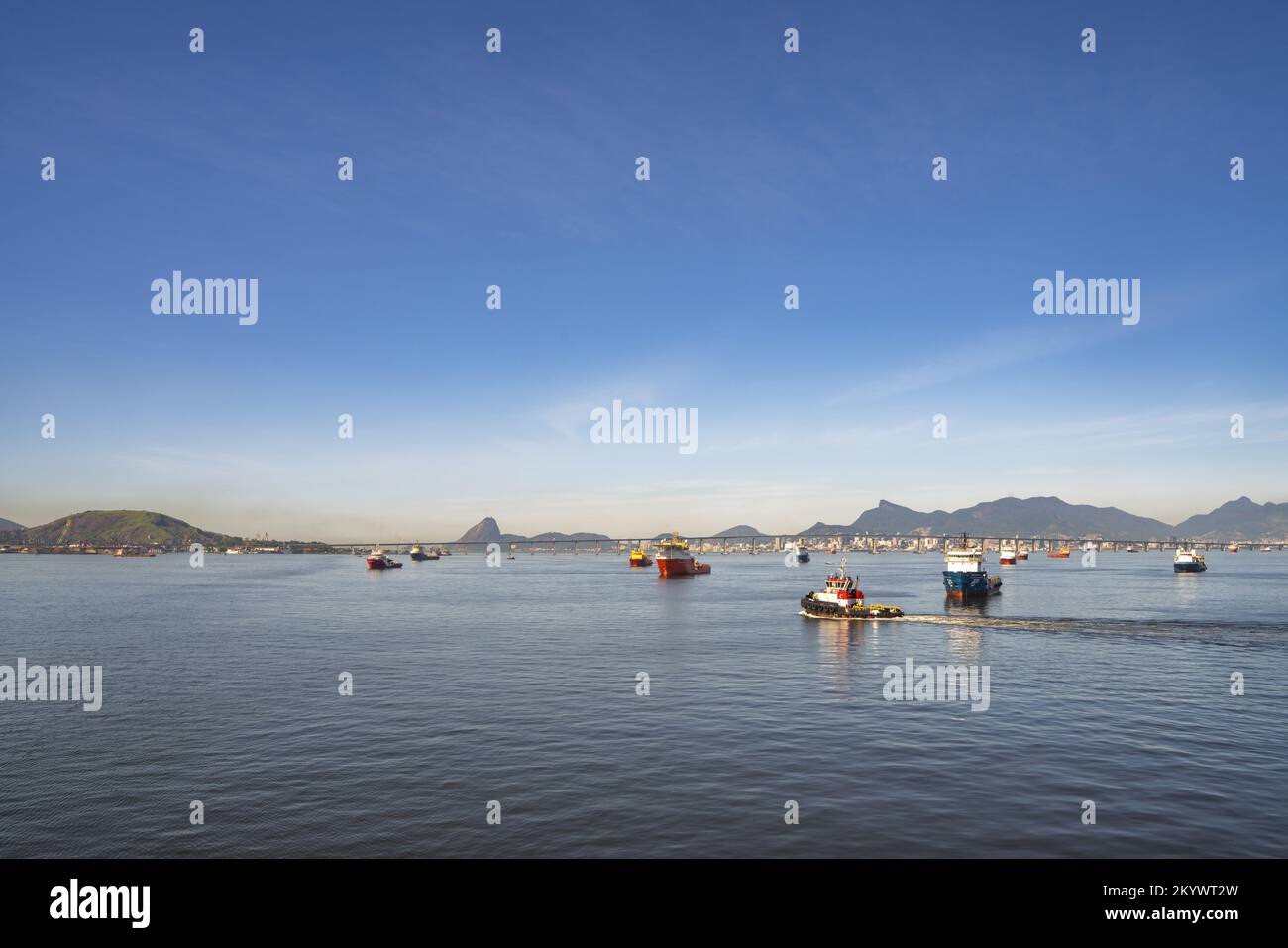 Guanabara bay anchorage area. Lots of vessels at anchor, mostly vessels working in the oil industry. Stock Photo