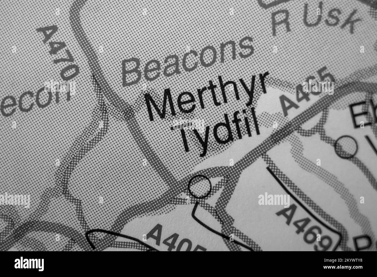 Merthyr Tydfil, United Kingdom atlas map town name black and white