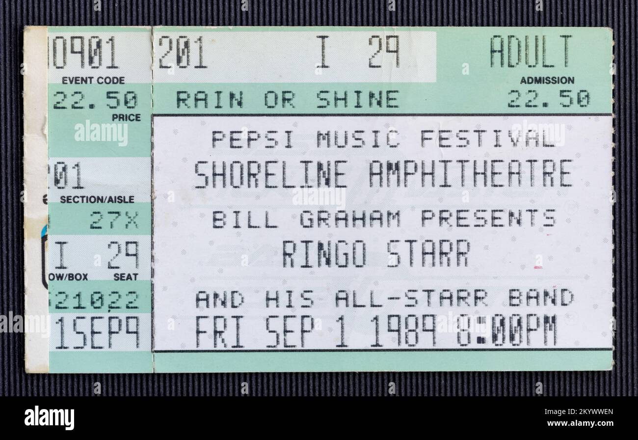 Mountain View, California - September 1, 1989 - Old used ticket for the concert of Ringo Starr at Shoreline Amphitheatre Stock Photo