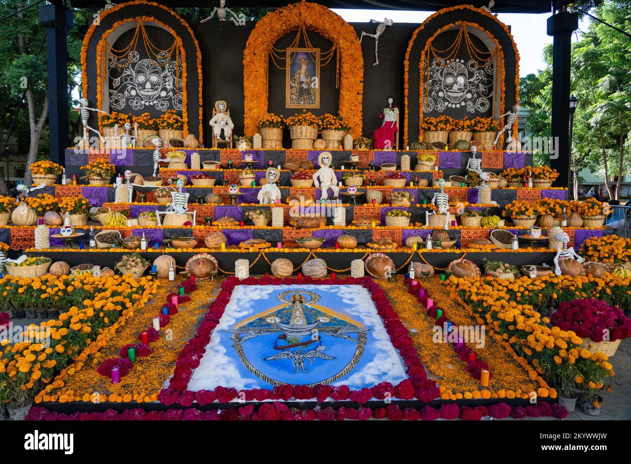 A large ofrenda in the Zocalo in front of the Metropolitan Cathedral to celebrate Day of the Dead in Oaxaca, Mexico. Stock Photo