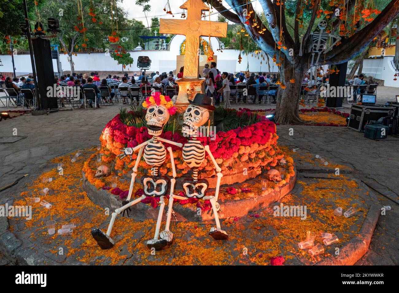 A couple of papier mache skeletons celebrating Day of the Dead in a public square in Xochilmilco, Oaxaca, Mexico. Stock Photo