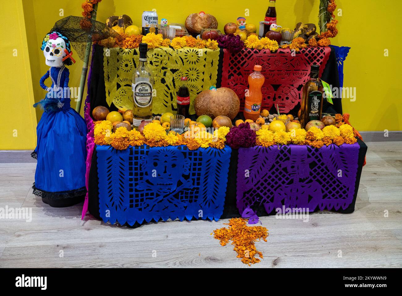 An ofrenda set up for Day of the Dead or Dia de los Muertos in Oaxaca, Mexico. Stock Photo