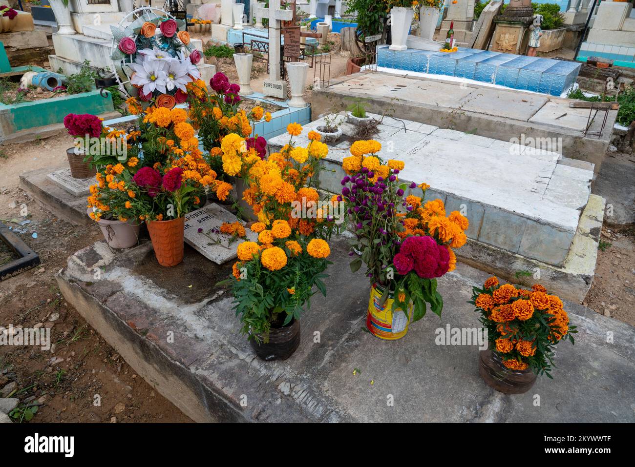 A grave in the Xochimilco Cemetery decorated for the Day of the Dead or Dia de los Muertos in Oaxaca, Mexico. Stock Photo
