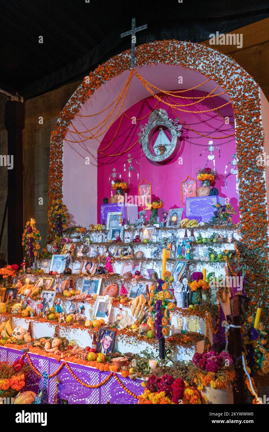 A large ofrenda in the Zocalo in front of the Metropolitan Cathedral to celebrate Day of the Dead in Oaxaca, Mexico. Stock Photo