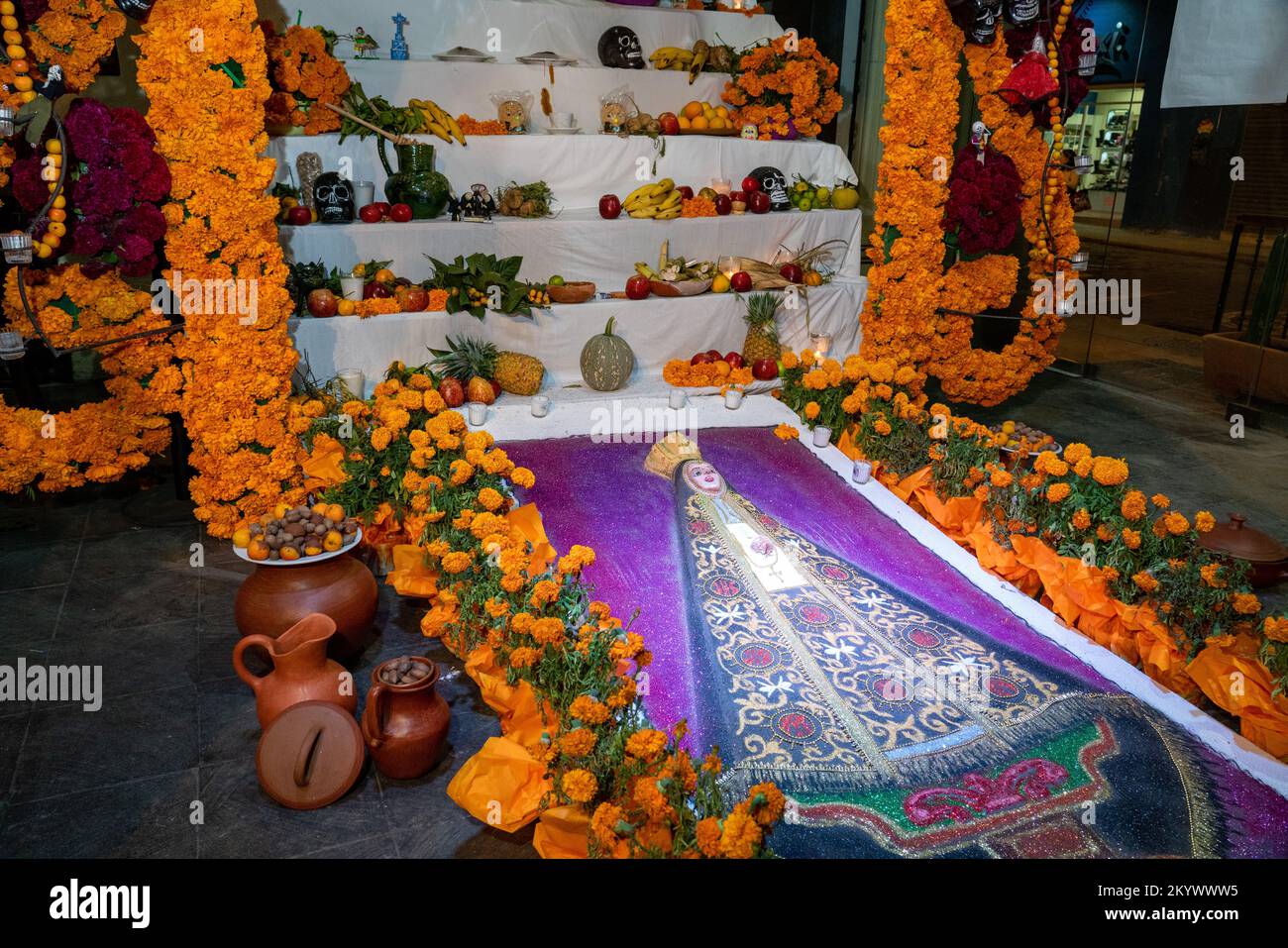 A large ofrenda in the Zocalo in front of the Metropolitan Cathedral to celebrate Day of the Dead in Oaxaca, Mexico. Stock Photo