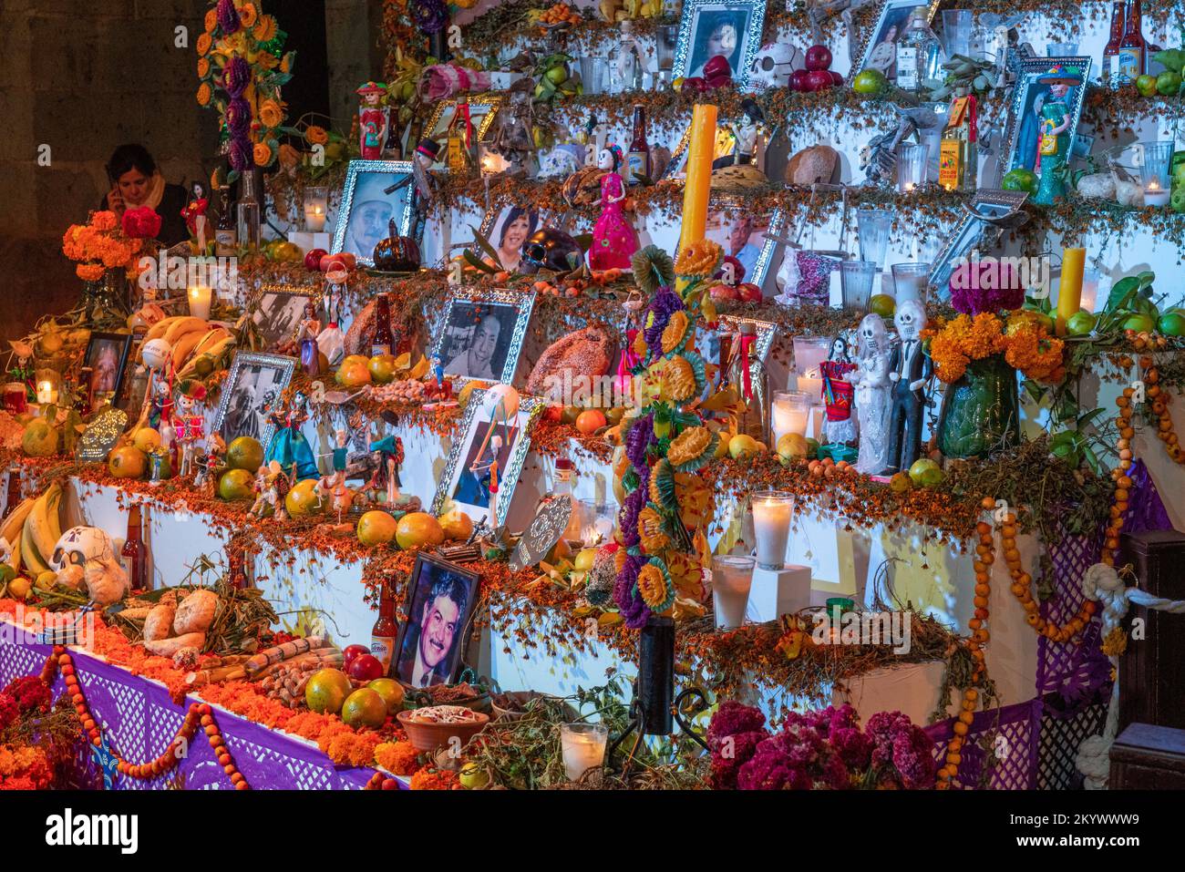 A large ofrenda in the Zocalo in front of the Metropolitan Cathedral to celebrate Day of the Dead in Oaxaca, Mexico. Stock Photo