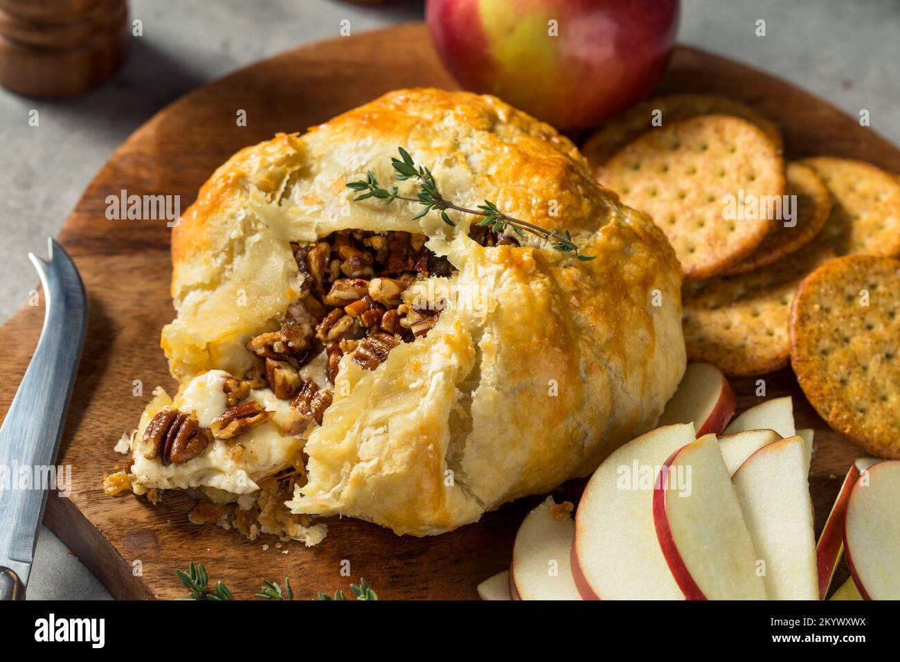 Homemade Baked Brie Puff Pastry with Apple and Crackers Stock Photo Alamy