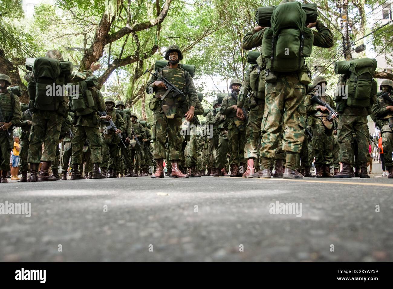 Salvador, Bahia, Brazil - September 07, 2016: Low view of Brazilian army soldiers parading in the streets of Salvador, Bahia on Independence Day. Stock Photo