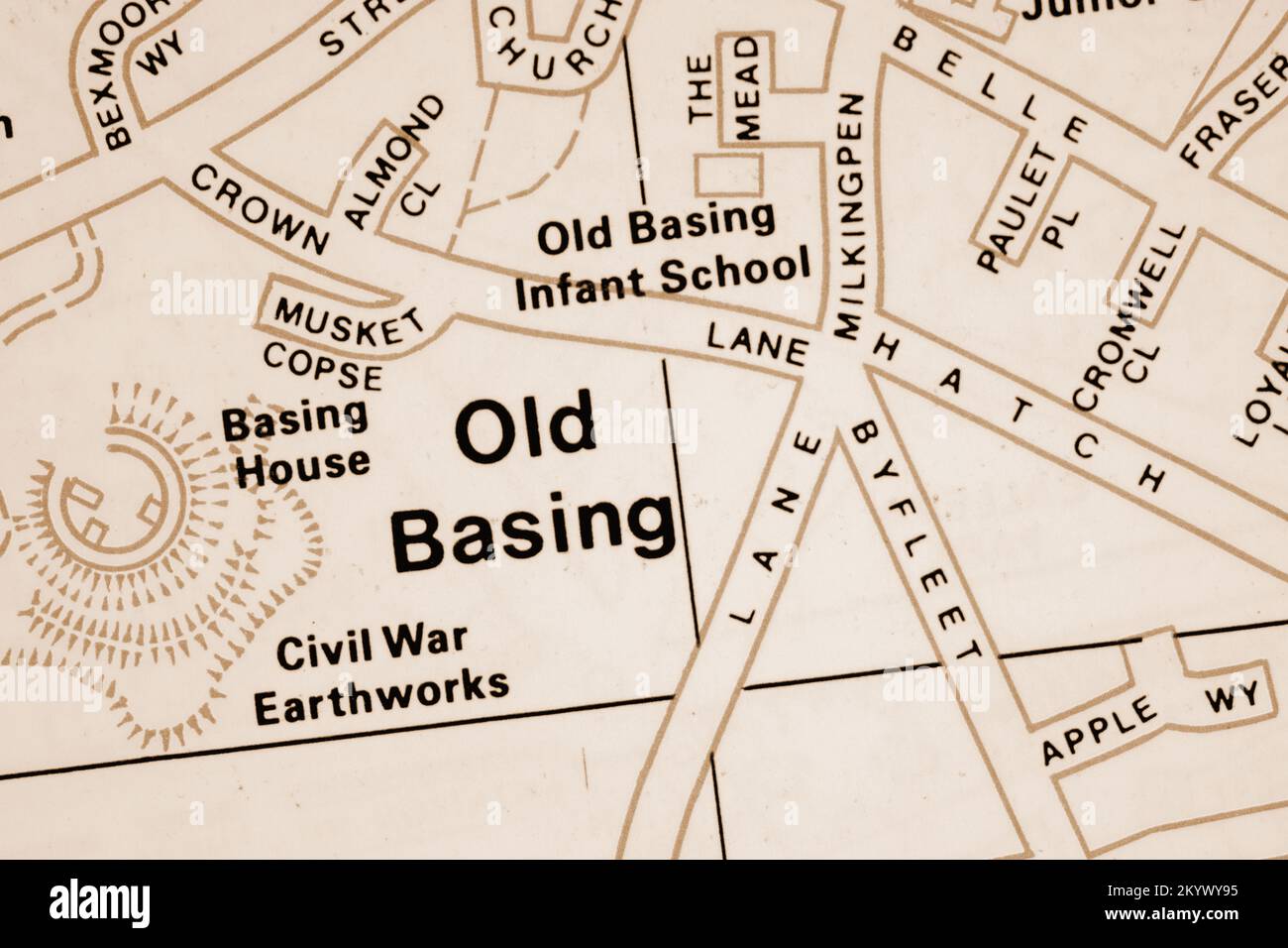 Old Basing village in Hampshire, United Kingdom atlas map town name - sepia Stock Photo
