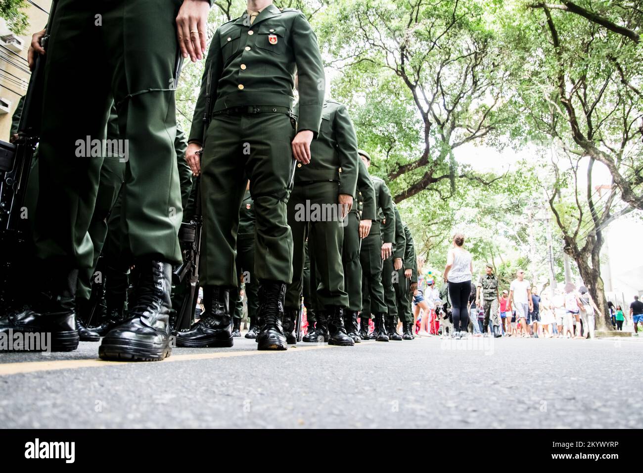 Salvador, Bahia, Brazil - September 07, 2016: Low view of Brazilian army soldiers parading in the streets of Salvador, Bahia on Independence Day. Stock Photo