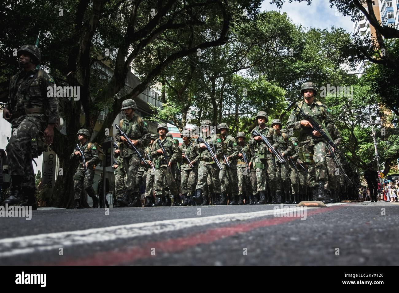 Salvador, Bahia, Brazil - September 07, 2016: Low view of Brazilian army soldiers parading in the streets of Salvador, Bahia on Independence Day. Stock Photo