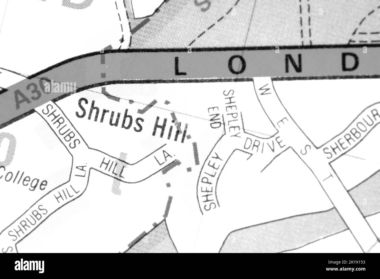 Shrubs Hill village - Berkshire, United Kingdom colour atlas map town name - black and white Stock Photo