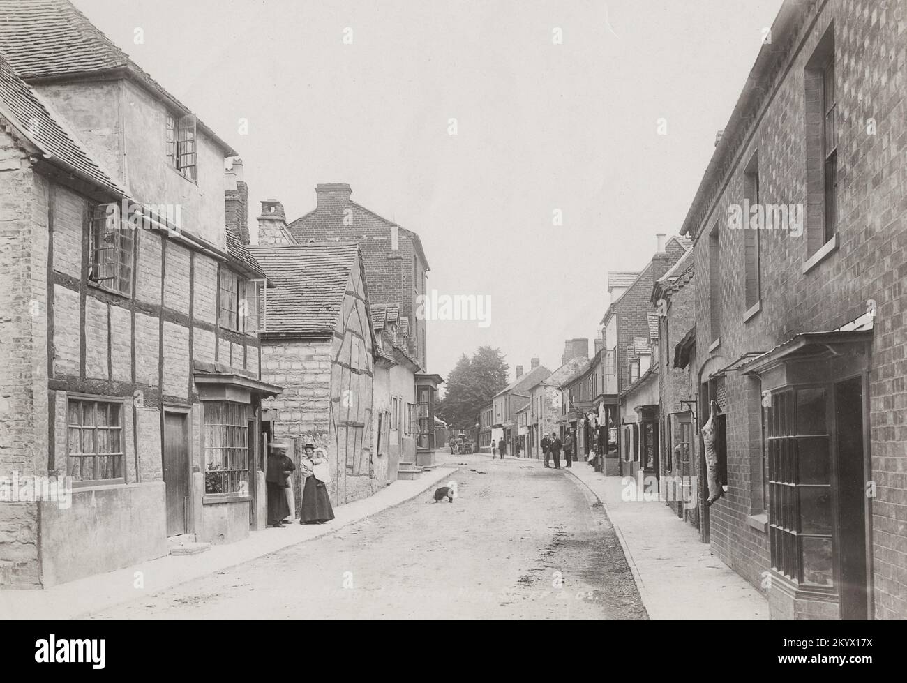 Vintage photograph 1899 Timber houses on High Street, Bidfordupon