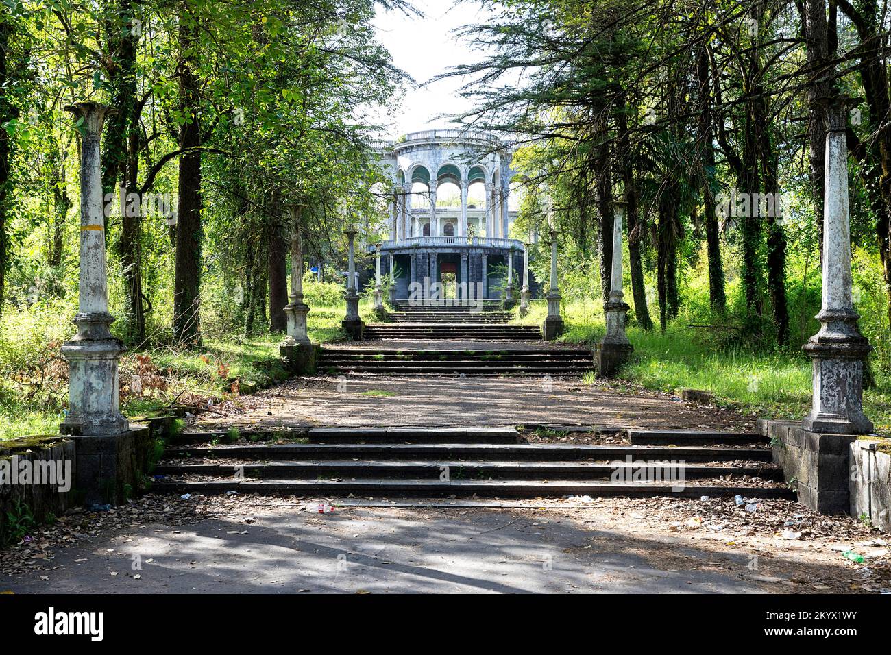 Stairs leading to spectacular abandoned ex soviet complex of Sanatorium ...