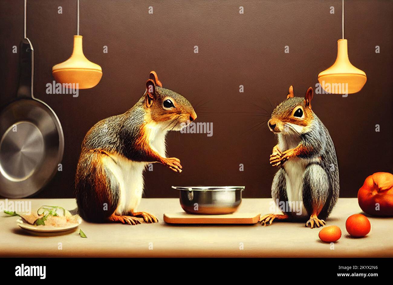 Two squirrels cooking in the kitchen, preparing food, Illustration