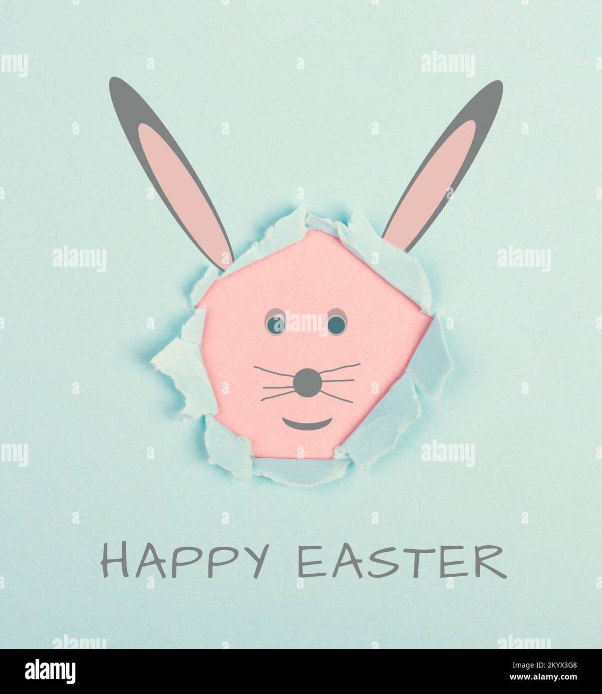 Happy easter, cute bunny greeting card, invitation for the holiday, pastel colored cartoon Stock Photo