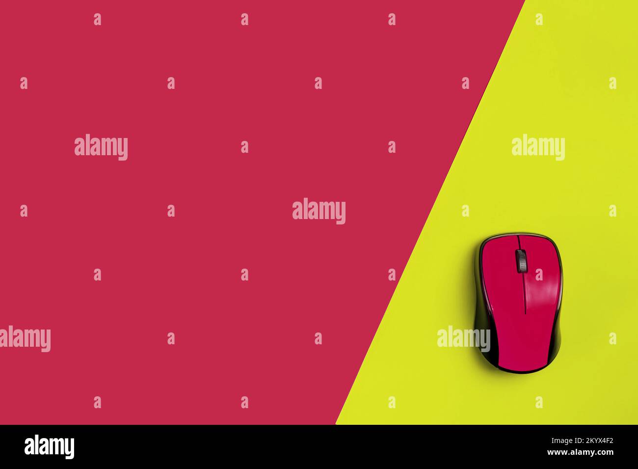 flat lay workspace yellow computer mouse, Color of 2023 year Viva