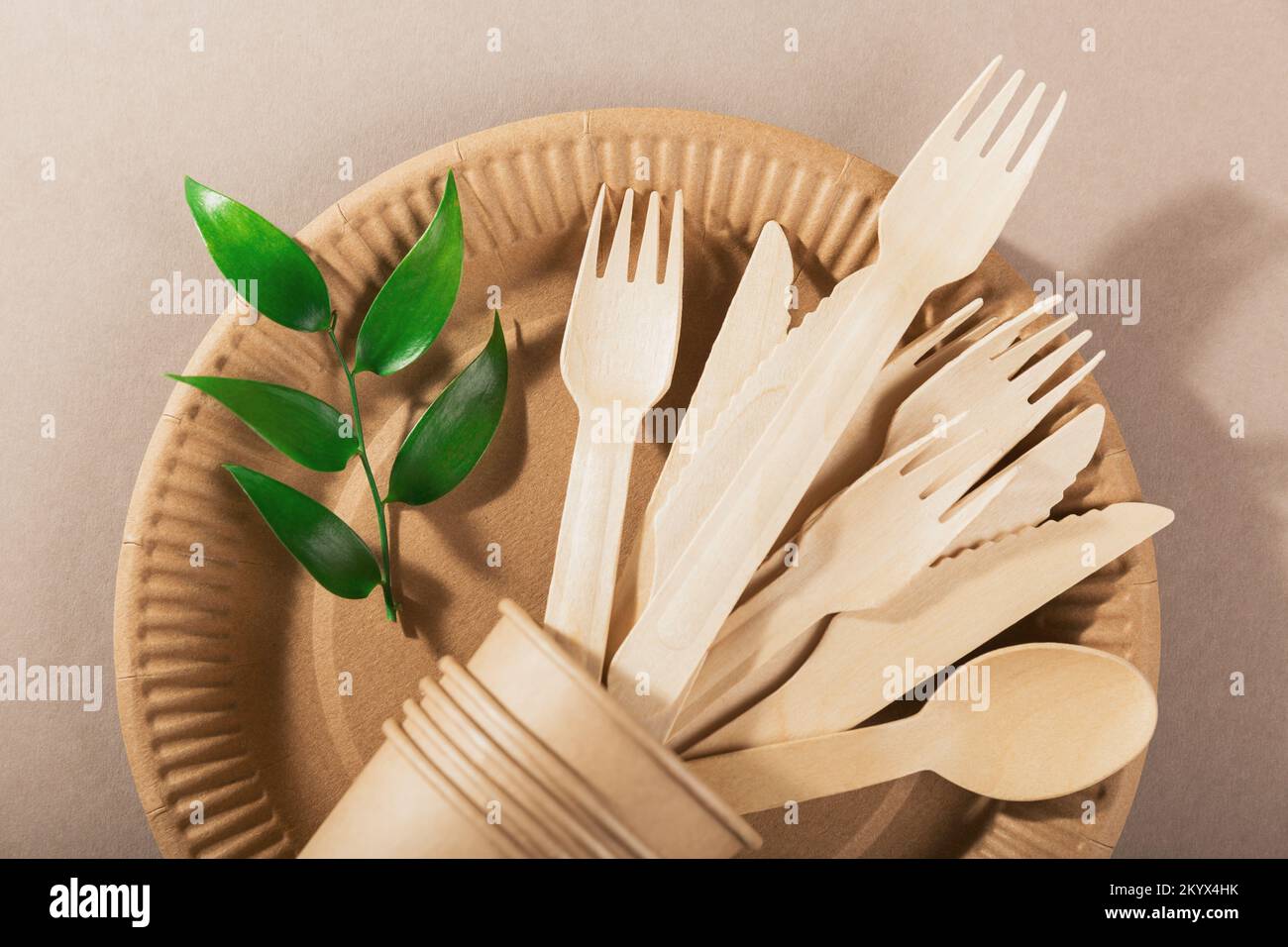 Ecofriendly disposable utensils made of bamboo wood and paper Stock