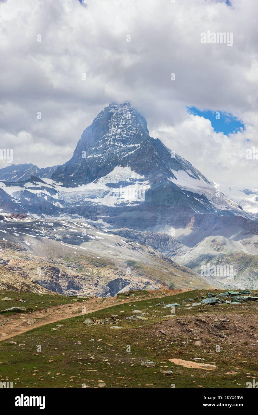 Railway station in Gornergrat, Switzerland. Matterhorn mountain visible in background Stock Photo