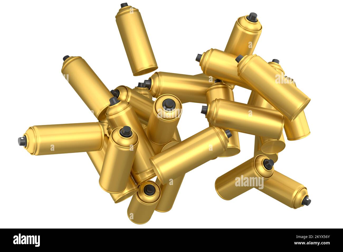 Lots of flying gold spray paint cans on white background. 3d render