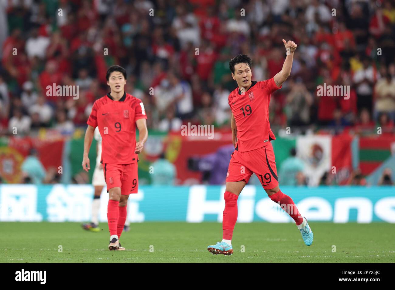 Al Rayyan, Qatar. 2nd Dec, 2022. Kim Young-gwon (R) of South Korea celebrates scoring during the Group H match between South Korea and Portugal at the 2022 FIFA World Cup at Education City Stadium in Al Rayyan, Qatar, Dec. 2, 2022. Credit: Cao Can/Xinhua/Alamy Live News Stock Photo