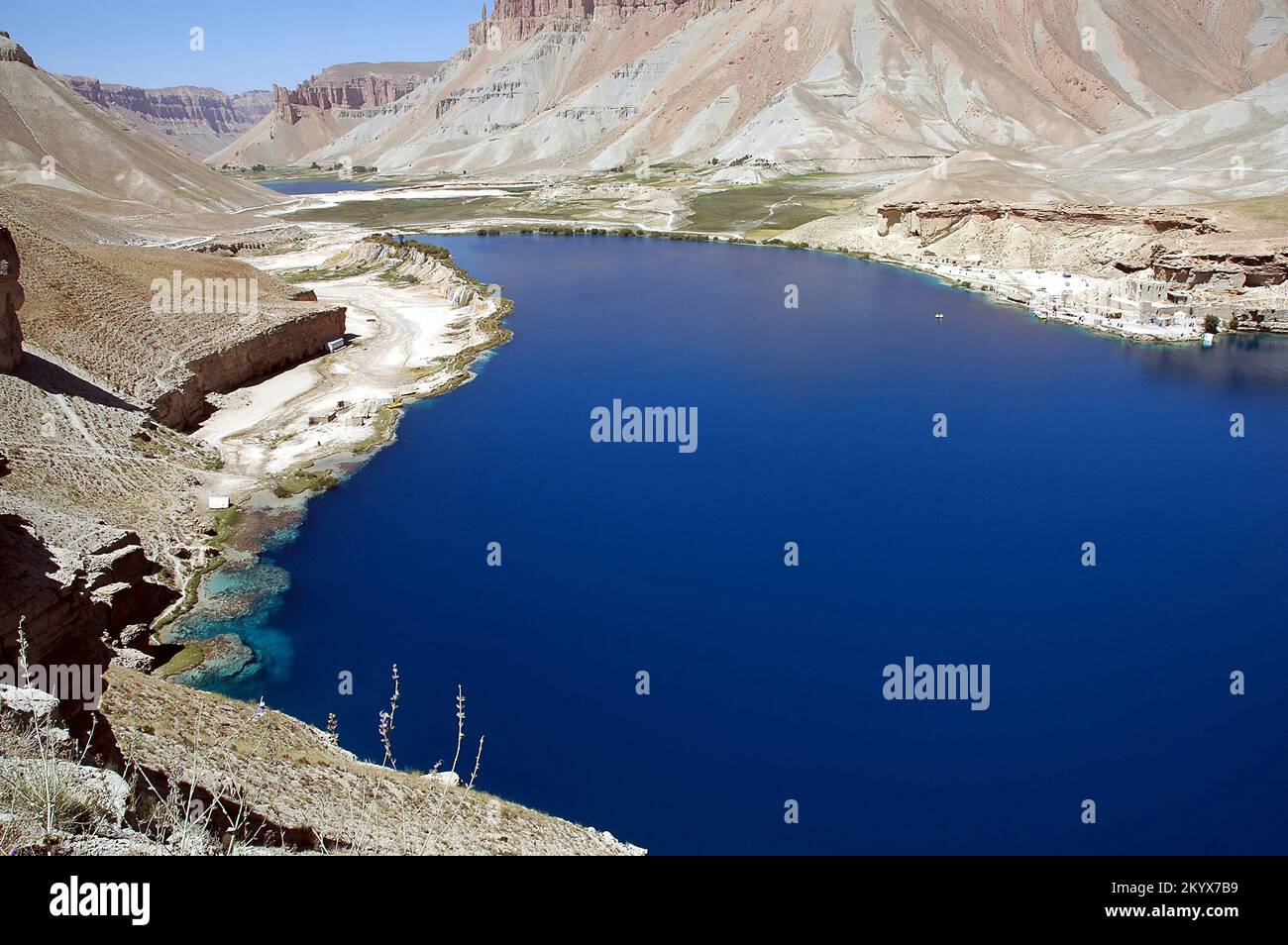 Band-e Amir lakes near Bamyan (Bamiyan) in Central Afghanistan. The blue lakes at Band e Amir national park are formed by travertine dams. Stock Photo