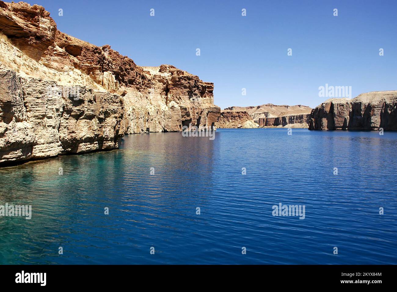 Band-e Amir lakes near Bamyan (Bamiyan) in Central Afghanistan. This is the largest of the natural blue lakes at Band e Amir. Stock Photo