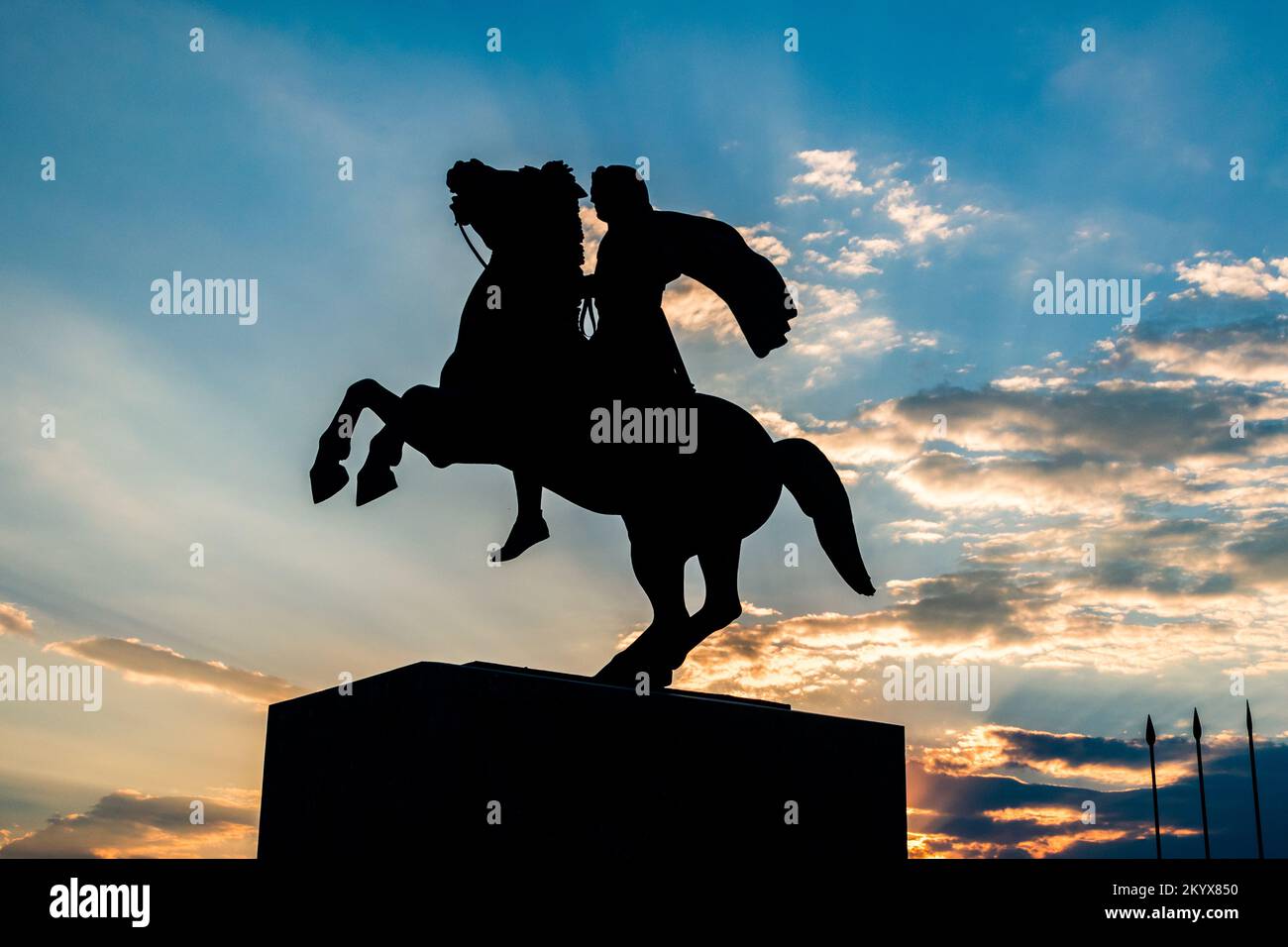 Thessaloniki, Greece - September 29, 2022: Brlack shape of monument of Alexander III of Macedon known also as Alexander the Great at sunset. Stock Photo