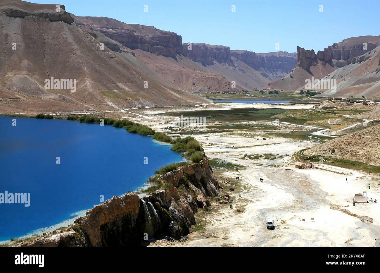 Band-e Amir lakes near Bamyan (Bamiyan) in Central Afghanistan. The blue lakes at Band e Amir national park are formed by travertine dams. Stock Photo