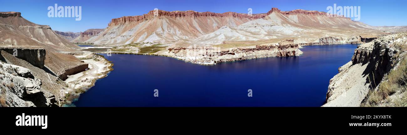 Very large panorama of Band-e Amir lakes near Bamyan (Bamiyan) in Central Afghanistan. Stock Photo