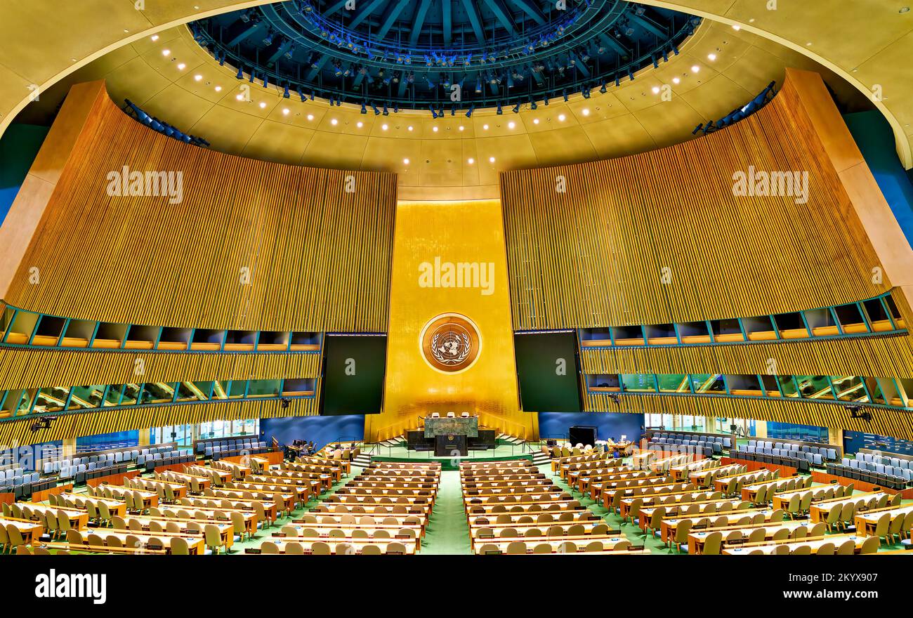 New York. Manhattan. United States. Headquarters of the United Nations. General Assembly Hall Stock Photo