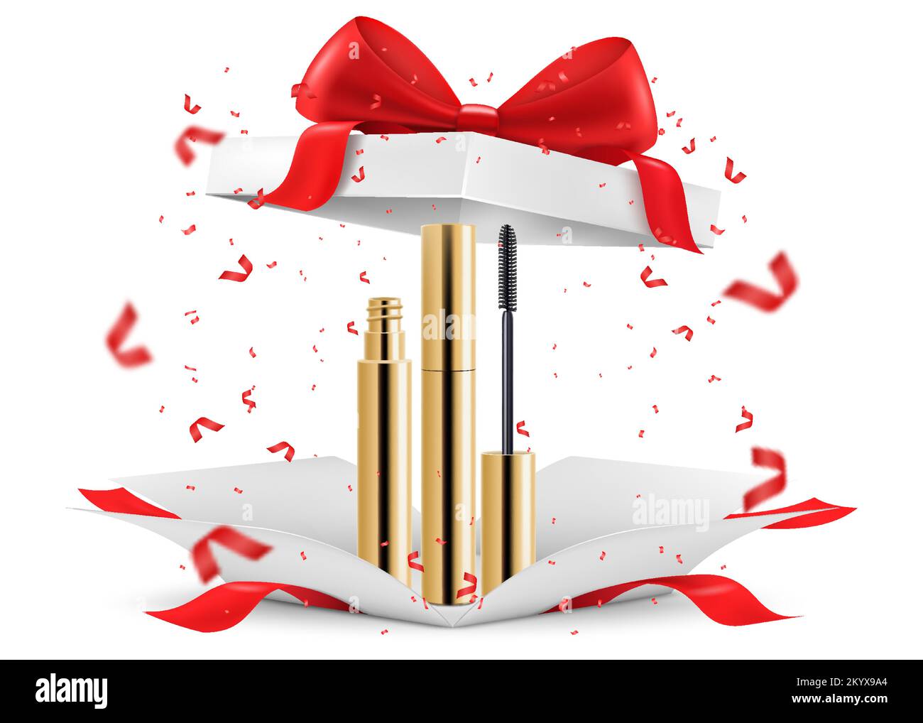 Mascara inside open gift box, isolated on white background. White gift