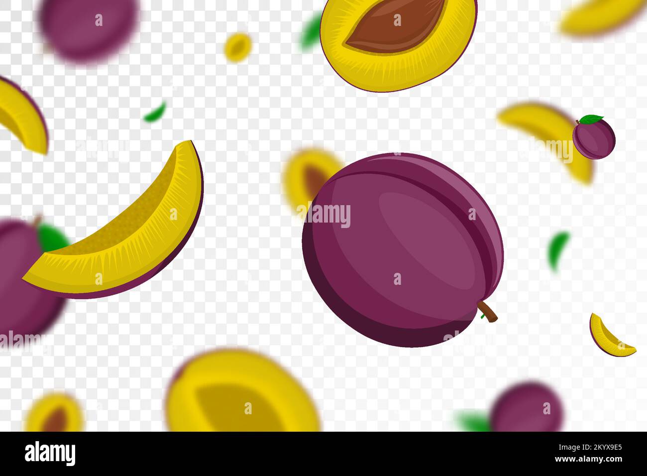 Falling plums, isolated on transparent background. Flying whole and