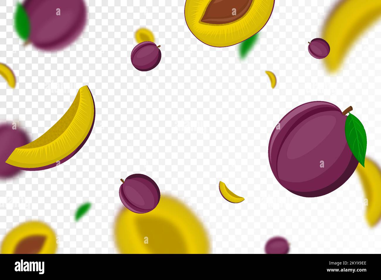 Falling plums, isolated on transparent background. Flying whole and