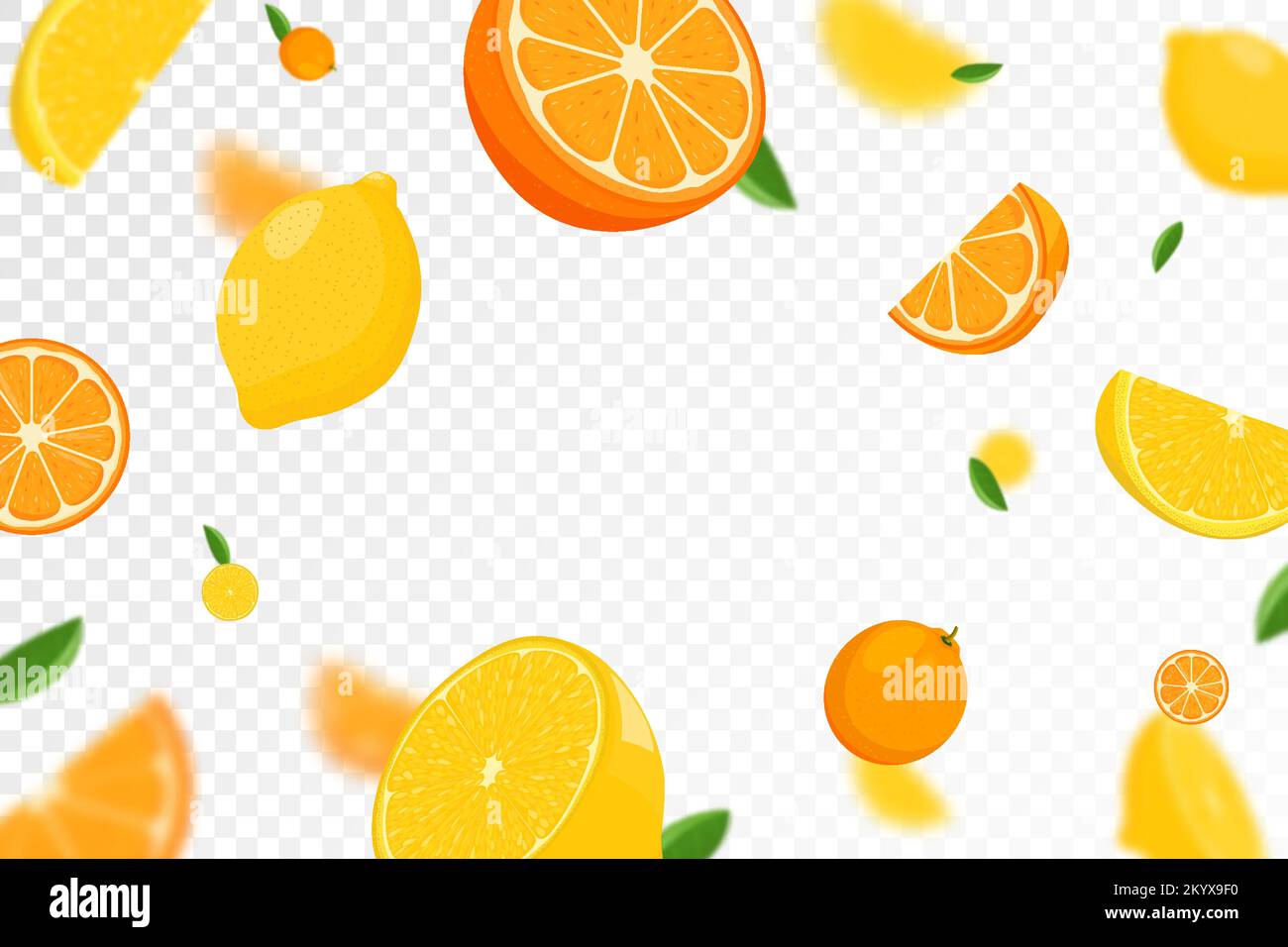 Citrus background. Flying Lemon and orange with green leaf on ...