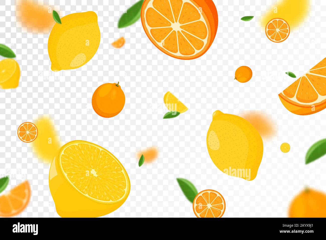 Citrus background. Flying Lemon and orange with green leaf on ...