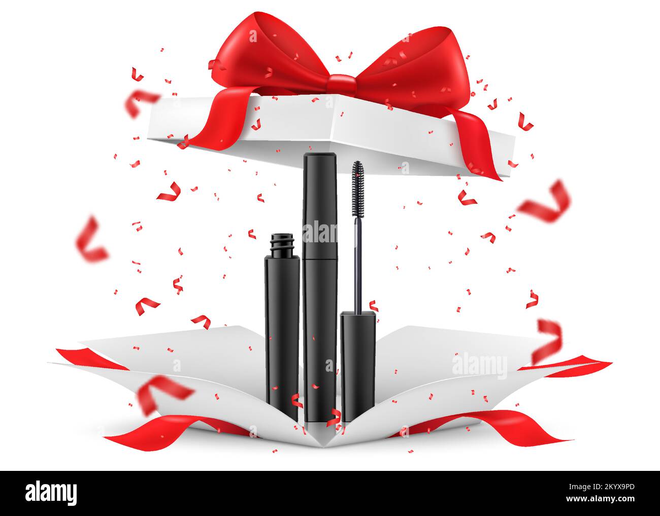 Mascara inside open gift box, isolated on white background. White gift