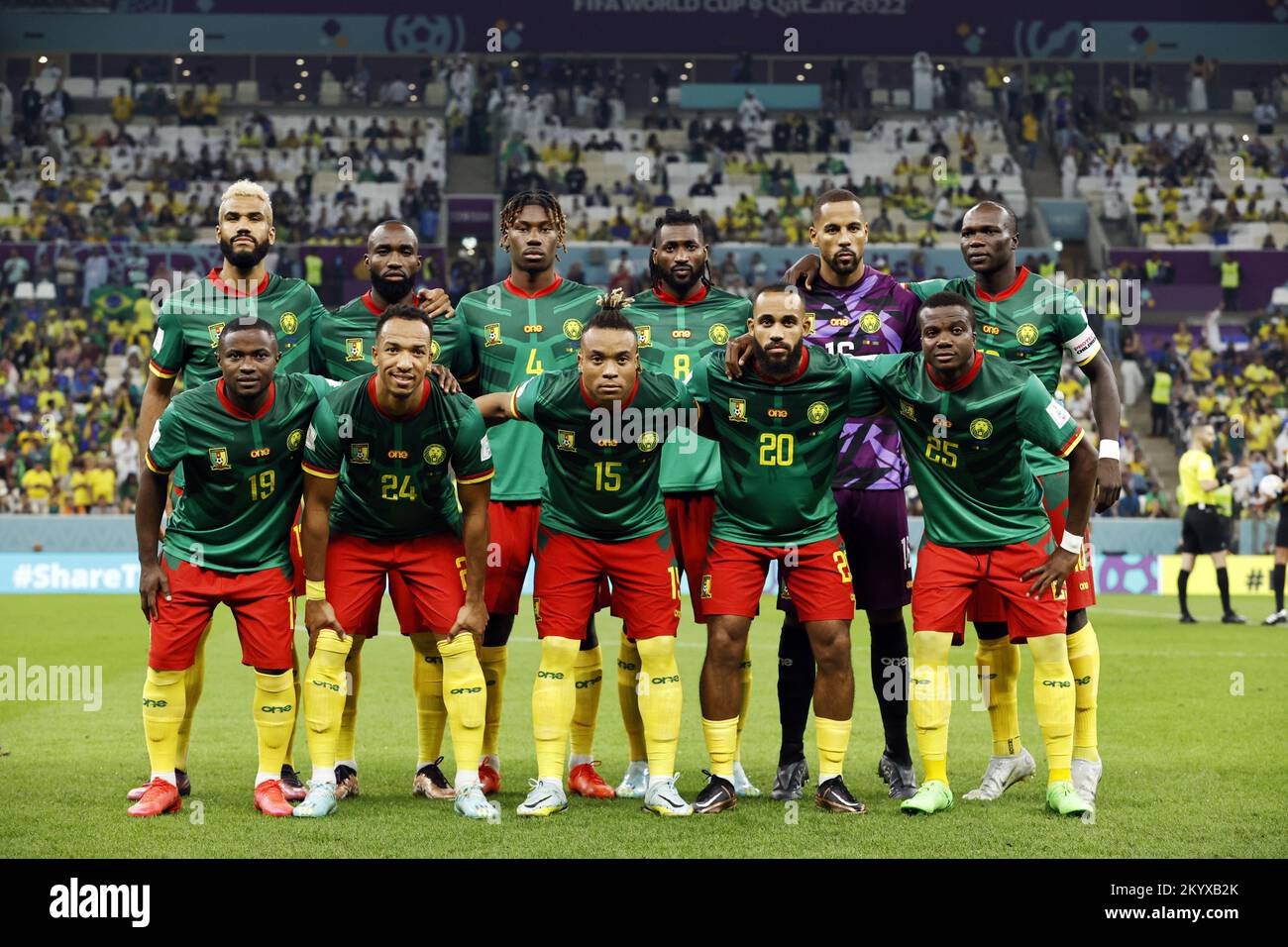 Qatar. 02nd Dec, 2022. LUSAIL CITY - Back row (lr) Eric Maxim Choupo-Moting of Cameroon, Nicolas Ngamaleu of Cameroon, Andre-Frank Zambo Anguissa of Cameroon, Cameroon keeper Devis Epassy, Vincent,Christopher Wooh of Cameroon. Front row (l-r) Collins Fai of Cameroon, Enzo Ebosse of Cameroon, Pierre Kunde of Cameroon, Bryan Mbeumo of Cameroon, Nouhou Tolo of Cameroon, Vincent Aboubakar of Cameroon during the FIFA World Cup Qatar 2022 group G match between Cameroon and Brazil in the Lusail Stadium on December 2, 2022 in Lusail City, Qatar. AP | Dutch Height | MAURICE OF STONE Credit: ANP/Alamy L Stock Photo
