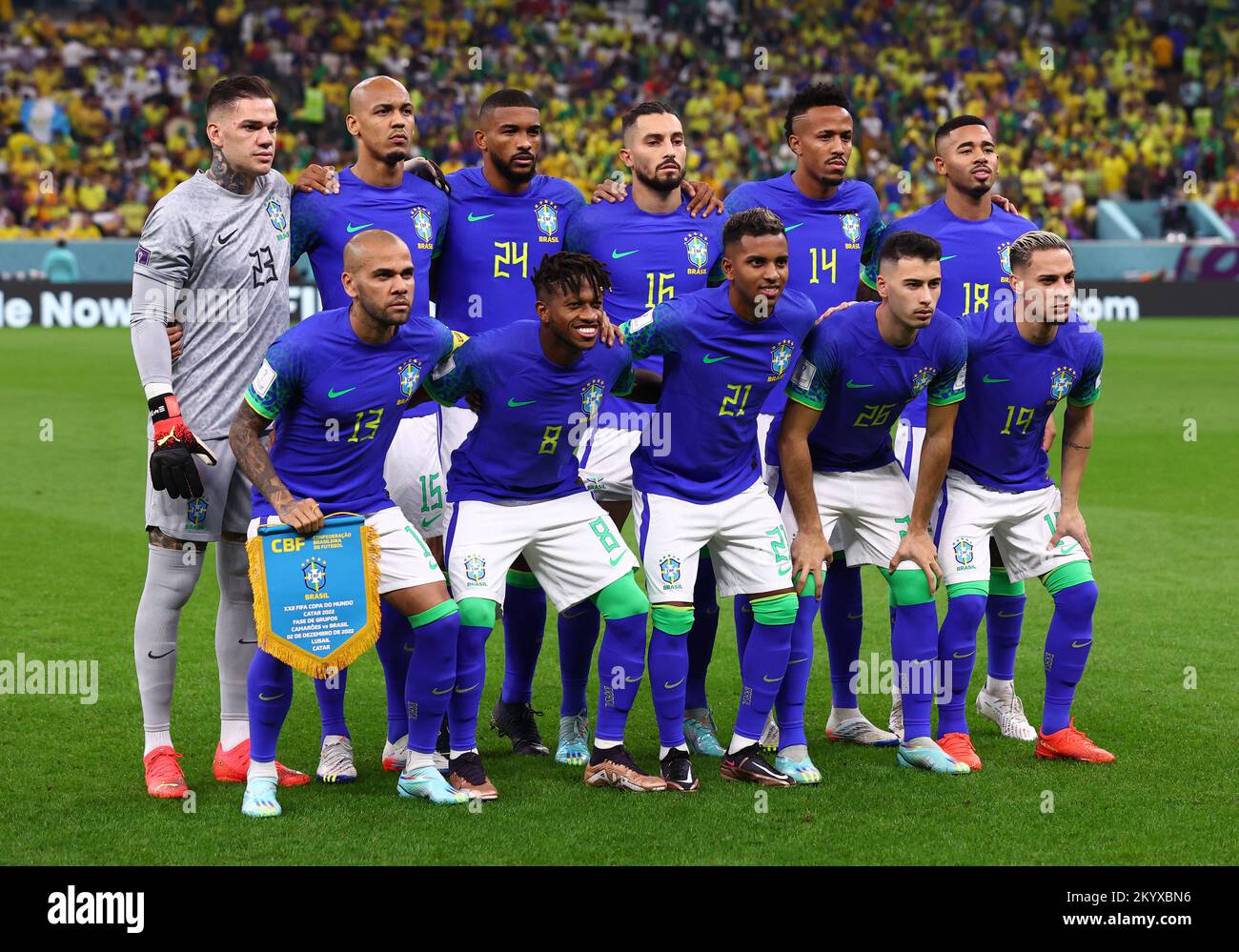 Doha, Qatar, 2nd December 2022. The Brazil team back row from left: Ederson, Fabinho, Bremer, Alex Telles, Eder Militao, Gabriel Jesus. Front from left: Dani Alves, Fred, Rodrygo, Gabriel Martinelli and Antony of Brazil  during the FIFA World Cup 2022 match at Lusail Stadium, Doha. Picture credit should read: David Klein / Sportimage Credit: Sportimage/Alamy Live News Stock Photo