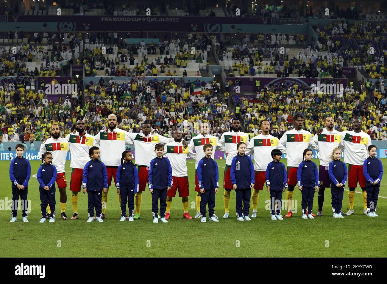 Qatar. 02nd Dec, 2022. LUSAIL CITY - Line up Cameroon, Eric Maxim Choupo-Moting of Cameroon, Nicolas Ngamaleu of Cameroon, Andre-Frank Zambo Anguissa of Cameroon, Cameroon keeper Devis Epassy, Vincent,Christopher Wooh of Cameroon, Collins Fai of Cameroon, Enzo Ebosse of Cameroon, Pierre Kunde of Cameroon, Bryan Mbeumo of Cameroon, Nouhou Tolo of Cameroon, Vincent Aboubakar of Cameroon during the FIFA World Cup Qatar 2022 group G match between Cameroon and Brazil at Lusail Stadium on December 2, 2022 in Lusail City, Qatar. AP | Dutch Height | MAURICE OF STONE Credit: ANP/Alamy Live News Stock Photo