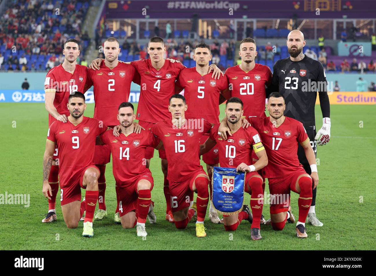 Doha, Qatar. 2nd Dec, 2022. Starting players of Serbia line up before the Group G match between Serbia and Switzerland at the 2022 FIFA World Cup at Stadium 974 in Doha, Qatar, Dec. 2, 2022. Credit: Xu Zijian/Xinhua/Alamy Live News Stock Photo