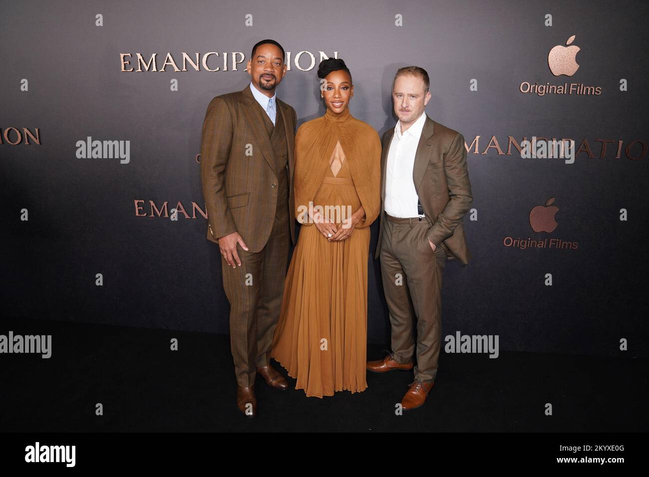 Will Smith, Charmaine Bingwa and Ben Foster, attend the European Premiere of Emancipation at the Vue West End, Leicester Square, London. Picture date: Friday December 2, 2022. Stock Photo