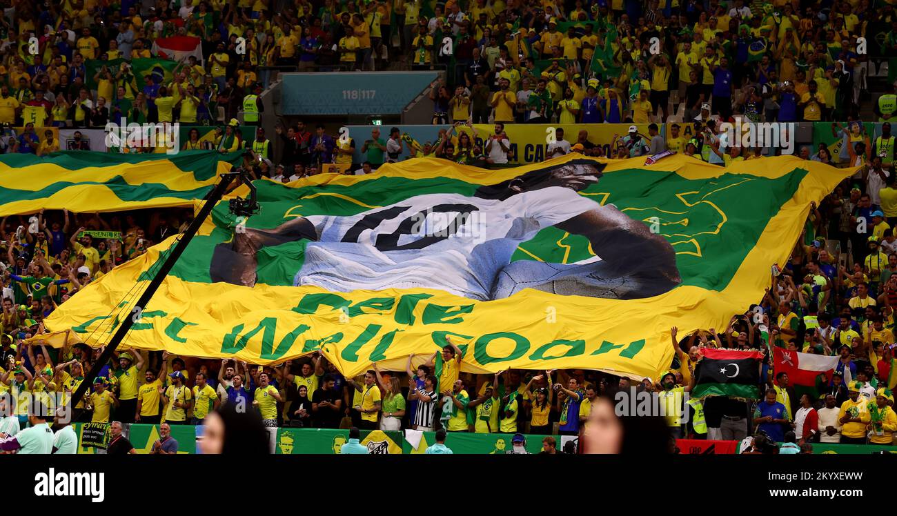 Doha, Qatar, 2nd December 2022.  Brazil fans with get well soon message for former player Pele during the FIFA World Cup 2022 match at Lusail Stadium, Doha. Picture credit should read: David Klein / Sportimage Credit: Sportimage/Alamy Live News Stock Photo