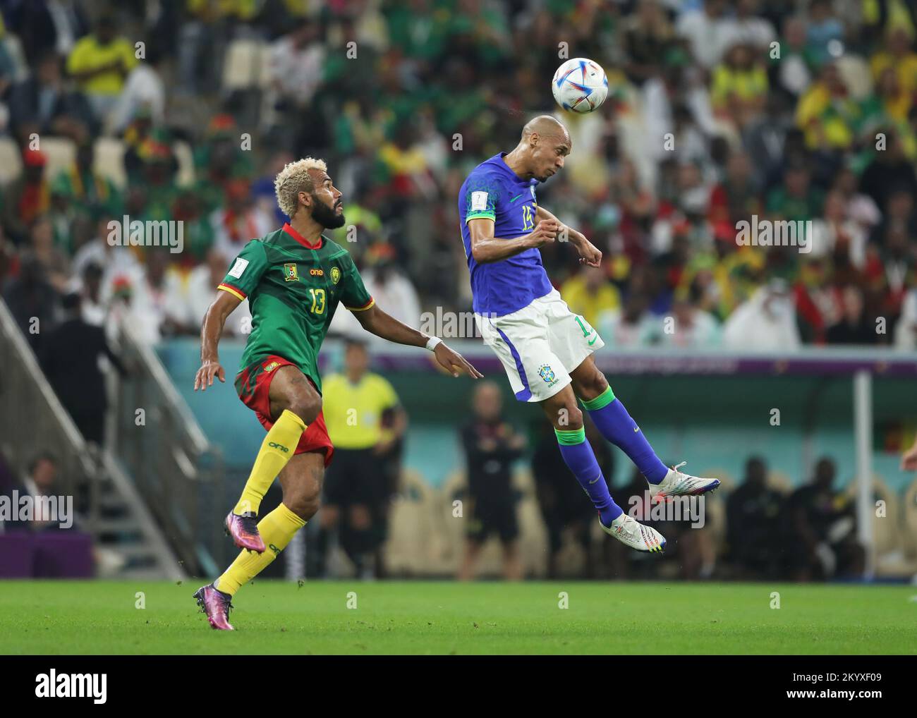 Lusail Iconic Stadium, Lusail, Qatar. 2nd Dec, 2022. FIFA World Cup Football, Cameroon versus Brazil; Fabinho of Brazil wins the header from Eric Maxim Choupo-Moting of Cameroon Credit: Action Plus Sports/Alamy Live News Stock Photo