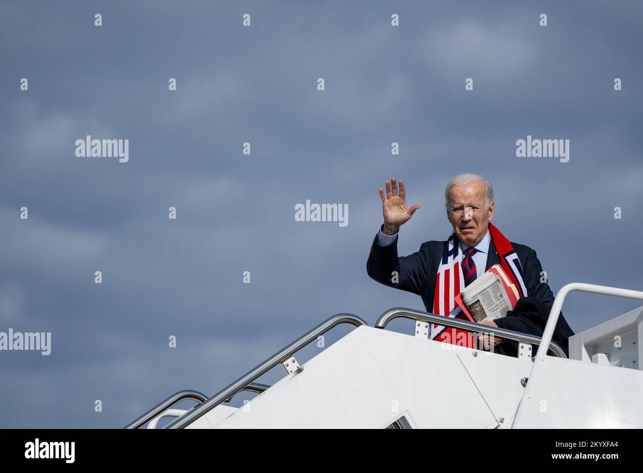 Joint Base Andrews, United States. 02nd Dec, 2022. US President Joe Biden waves as he boards Air Force One at Joint Base Andrews, Maryland on December 2, 2022. President Biden is traveling to Boston for the day, then on to Camp David, Maryland. Photo by Shawn Thew/UPI Credit: UPI/Alamy Live News Stock Photo