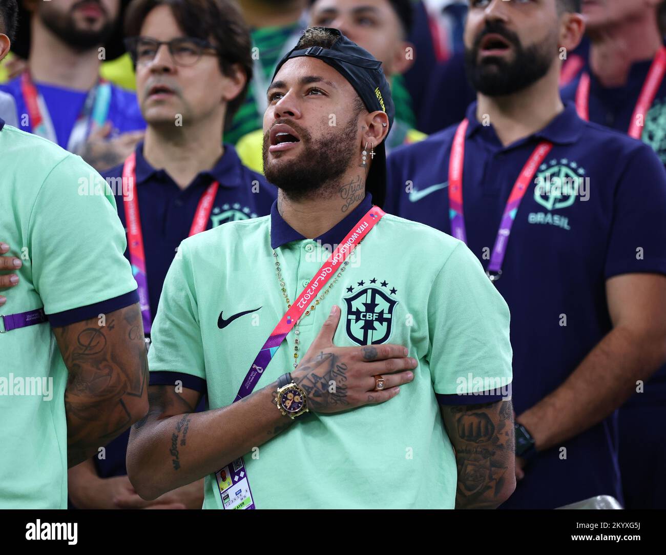 Doha, Qatar, 2nd December 2022.  Neymar Jr of Brazil sings his national anthem during the FIFA World Cup 2022 match at Lusail Stadium, Doha. Picture credit should read: David Klein / Sportimage Credit: Sportimage/Alamy Live News Stock Photo