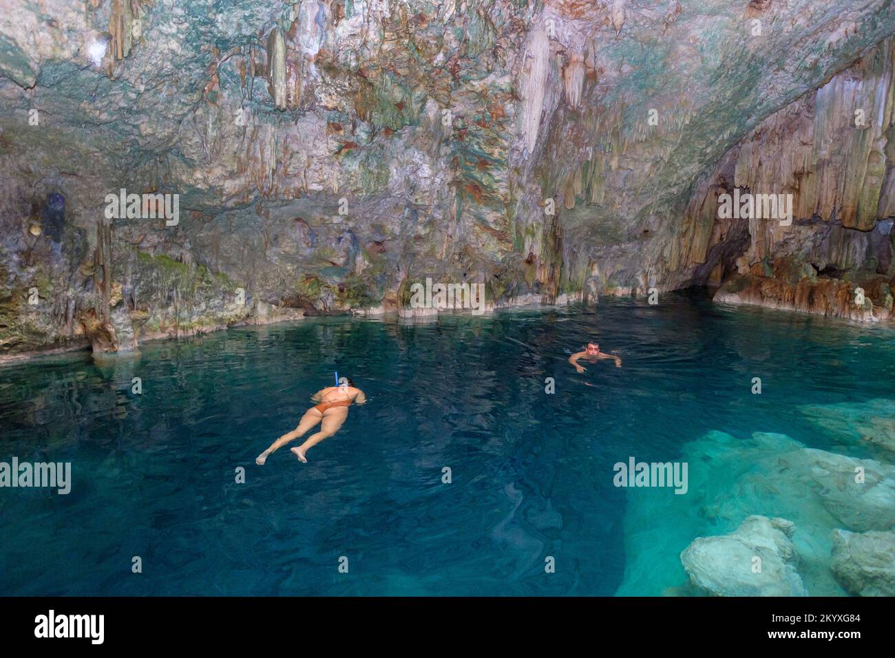 Saturno Cave is a spectacular natural wonder located about 20km from Varadero, Cuba. It has a crystal clear fresh water lake with a depth of 22 meters. Stock Photo