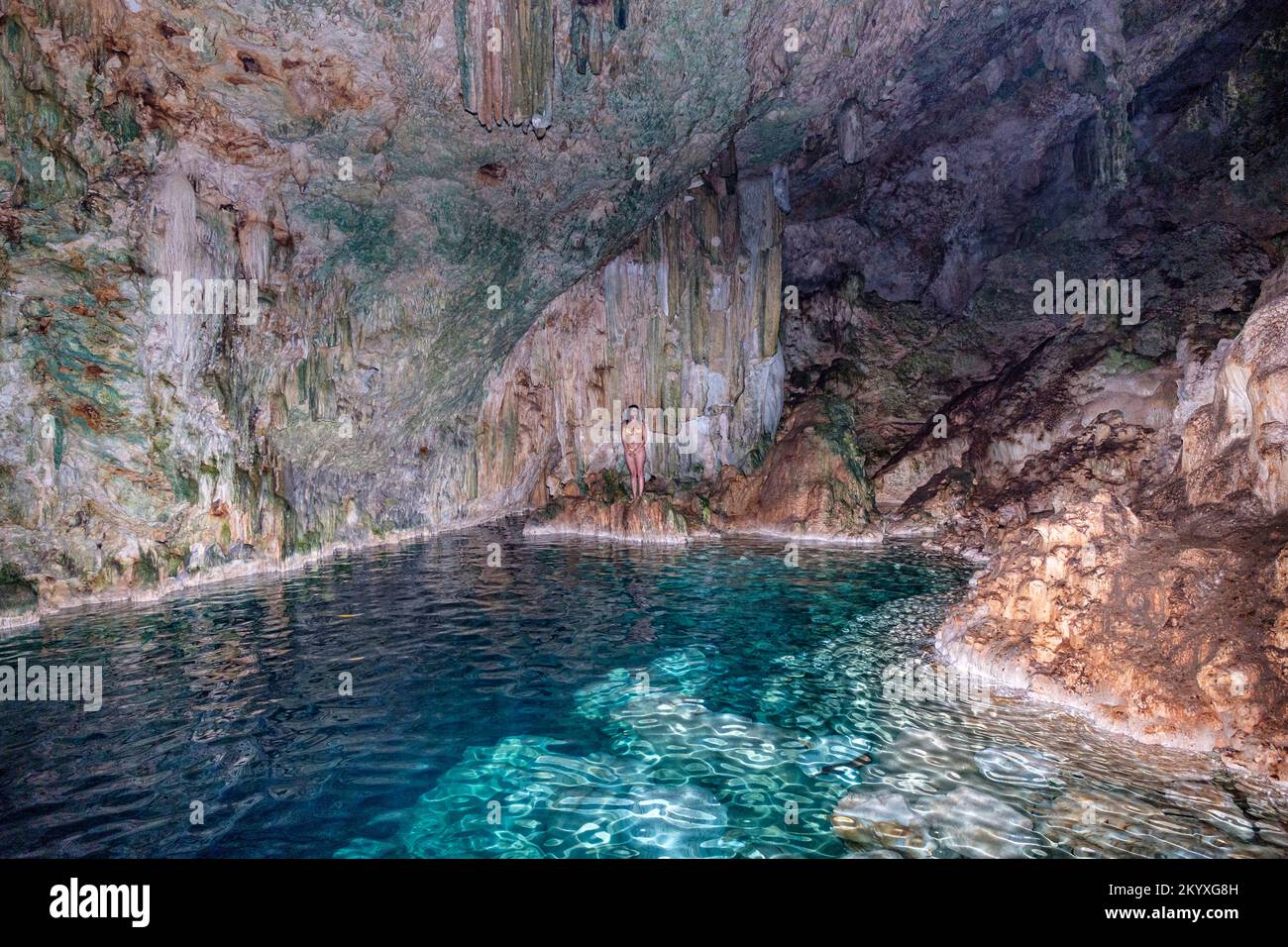 Saturno Cave is a spectacular natural wonder located about 20km from Varadero, Cuba. It has a crystal clear fresh water lake with a depth of 22 meters. Stock Photo