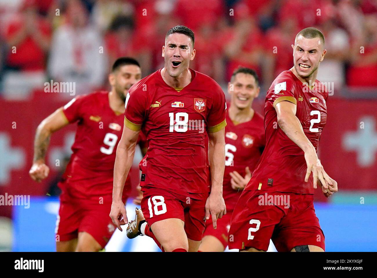 Serbia's Dusan Vlahovic (centre) celebrates scoring their side's second goal of the game during the FIFA World Cup Group G match at Stadium 974 in Doha, Qatar. Picture date: Friday December 2, 2022. Stock Photo