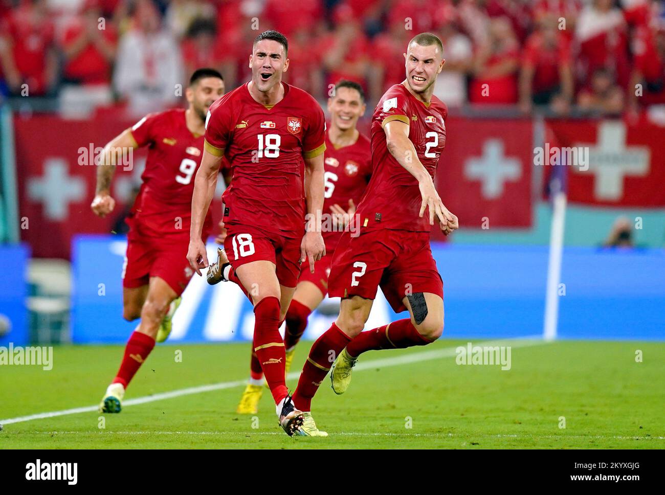 Serbia's Dusan Vlahovic (centre) celebrates scoring their side's second goal of the game during the FIFA World Cup Group G match at Stadium 974 in Doha, Qatar. Picture date: Friday December 2, 2022. Stock Photo